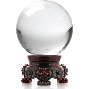 Amlong Crystal 3 inch (80mm) Clear Crystal Ball with Redwood Lion Resin Stand